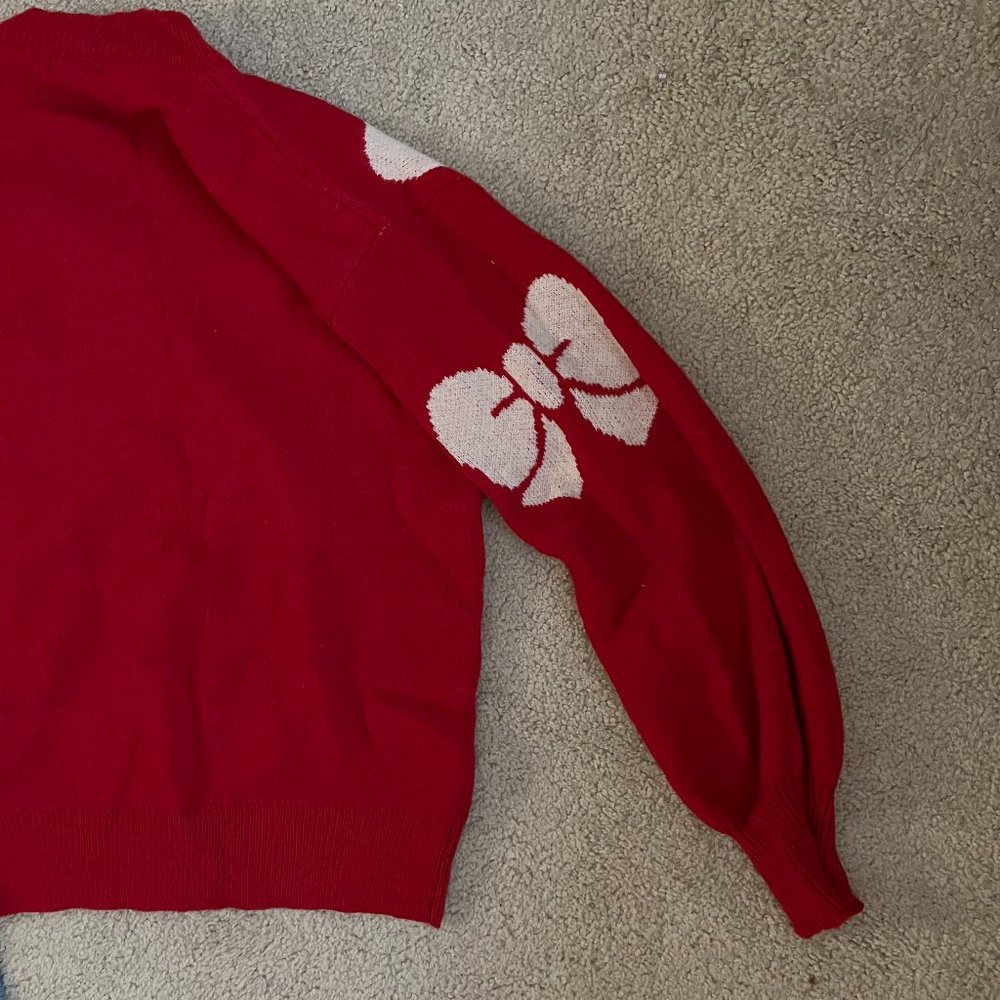 SHEIN | Warm Vibrant Red *Holiday Sweater* w/ White Bows | Slight Balloon Sleeve - Picture 9 of 11